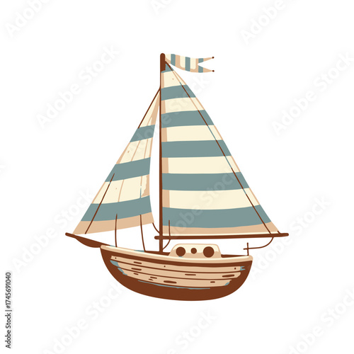A colorful striped sailboat gently gliding across calm waters under a clear sky