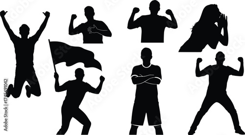 Victory silhouettes, people celebrating, strength and pride, motivational concept, cheering crowd, sports triumph, activism energy, patriotic flag, emotional expression, human power