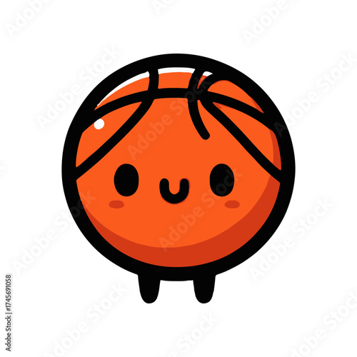 A cute cartoon basketball character with a smiling face and tiny legs, set against a white background