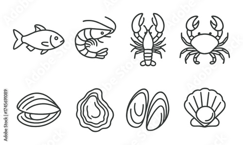 Monochrome seafood outline icons: fish, shrimp, lobster, crab, clam, oyster, mussel, scallop