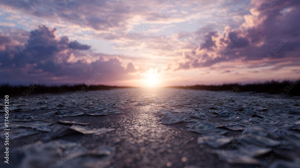 Fototapeta premium A path paved with money leading towards a bright sunrise symbolizing a financial journey and future opportunities