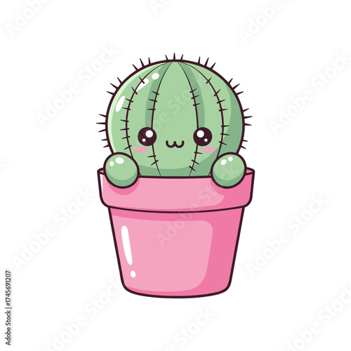 Cute cartoon cactus character in a pink pot, smiling cheerfully against a white background