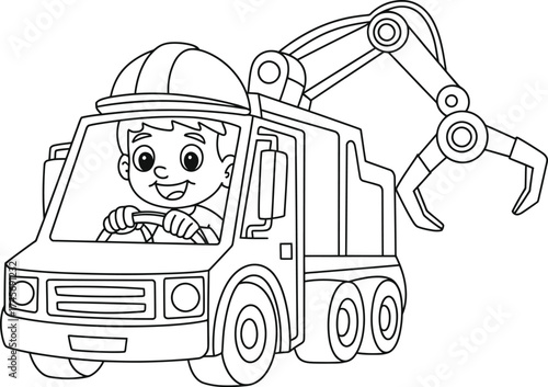 Happy cartoon boy driving a construction truck with claw arm
