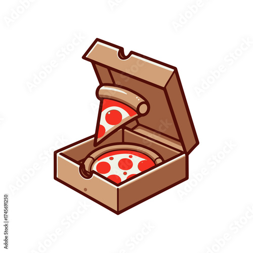 A delicious pepperoni pizza slice being served from an open pizza box on a clean surface