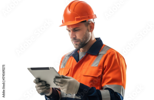 Construction worker in orange hard hat and high visibility jacket using a tablet computer, isolated on transparent background