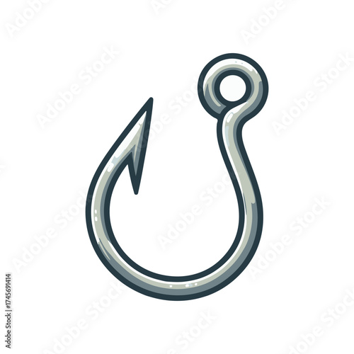 A detailed illustration of a fishing hook, showcasing its sharp point and curved design, set against a plain background, ideal for fishing-related content