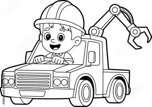 Cute cartoon boy wearing hard hat driving a construction truck with claw arm
