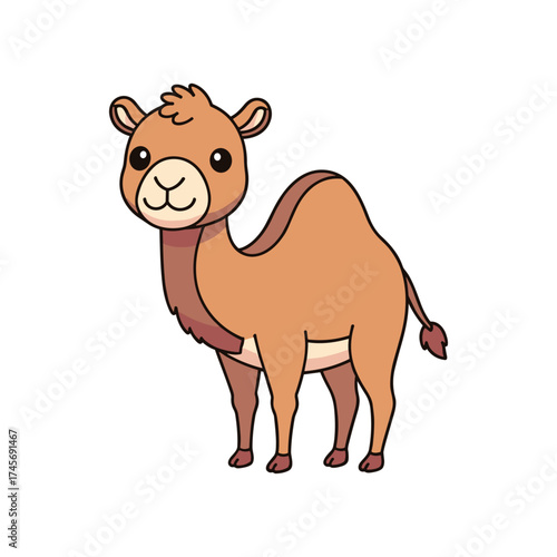 Cute cartoon camel standing upright with a friendly expression in a simple white background