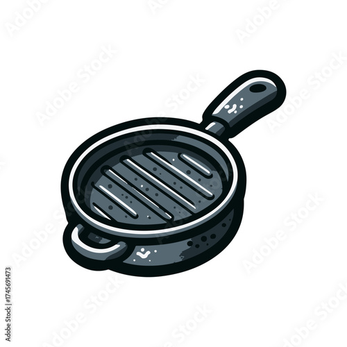A detailed illustration of a grill pan with grooves, showcasing its sleek design and functionality