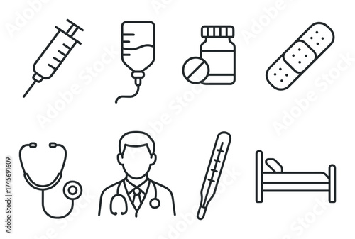 Medical icons: syringe, iv drip, medicine, stethoscope, doctor, thermometer, bed