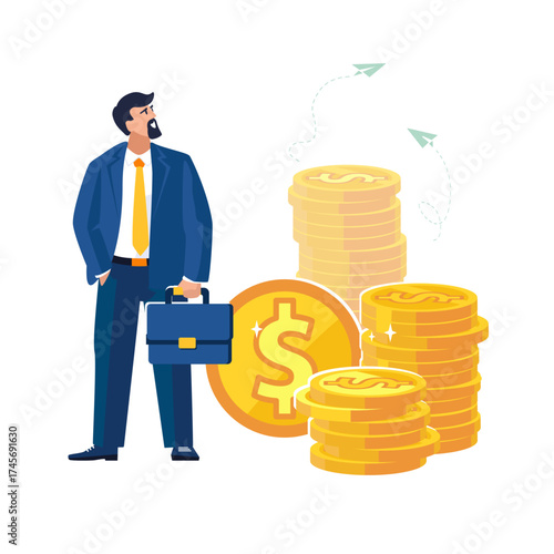 Banker businessman analyzes money income, dollar coins, histogram, gold pennies, cents, growth up. Business finance, people, economic growth, investment, investor, bank, poster, vector illustration