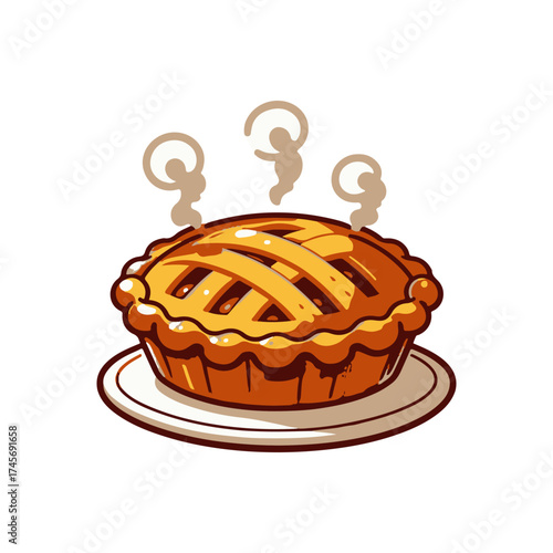 A freshly baked apple pie with steam rising, placed on a white plate, evoking warmth