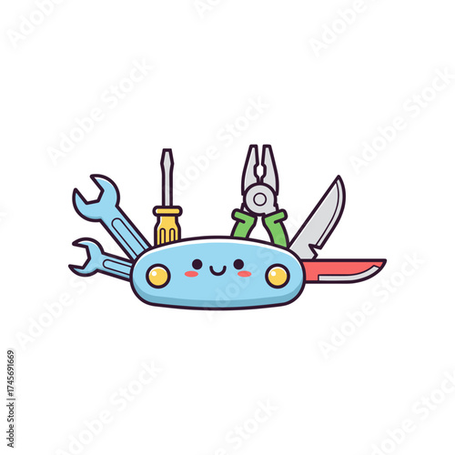 A cheerful multi-tool character with various tools, set against a simple white background