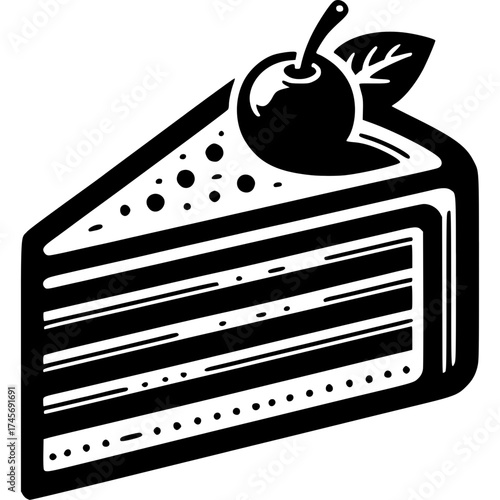 Elegant Slice of Cake: A sophisticated slice of cake, adorned with a luscious cherry, exudes an aura of deliciousness and refinement.