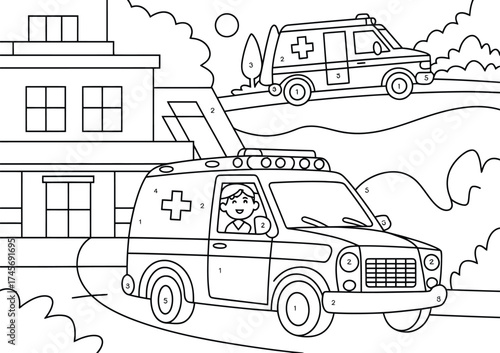 Cartoon ambulance driving on a street with a building and trees