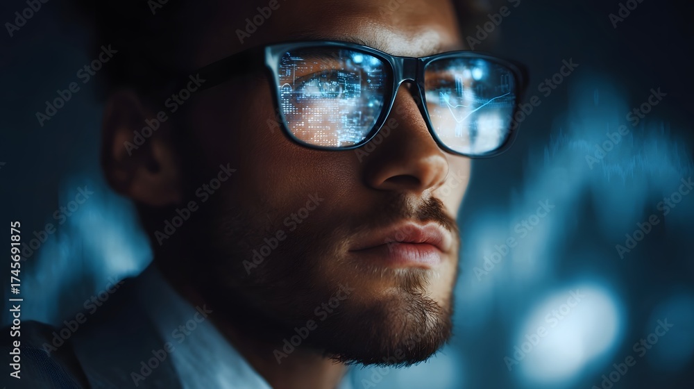Fototapeta premium A man wearing glasses with digital data reflected on the es conveying a sense of futuristic vision and analysis