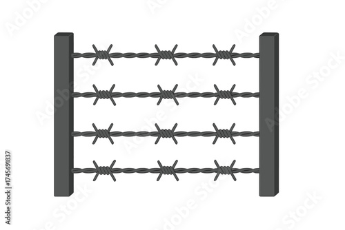 Barbed wire fence vector icon for prison security and confinement. Symbol of detainment, jail, and border protection. Cartoon illustration of a sharp metal barrier for safety.