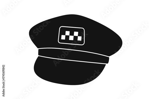 Taxi driver cap icon vector. Black hat of a cab driver with checker logo symbol. Chauffeur uniform headwear illustration. Public transport service, occupation, and job concept.
