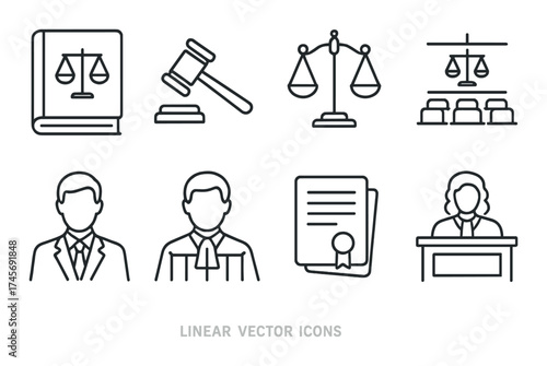 Linear law icons: scales, gavel, court, lawyer, judge