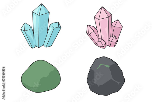 Precious mineral and gemstone cartoon icon set. Vector collection of aquamarine, pink amethyst crystal, precious jade, and iron ore rock. Natural geology treasure.
