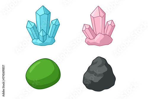 Vector set of precious minerals and gems. Blue aquamarine, pink amethyst crystal clusters, green jade stone, and black iron ore. Cartoon icons for geology or fantasy games.