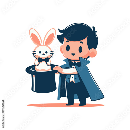 A magician performs a captivating magic trick, revealing a cute bunny from a top hat