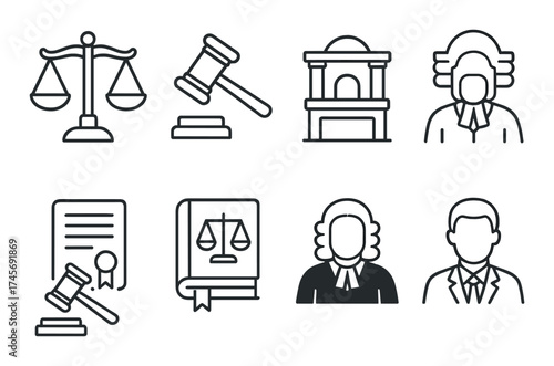 Legal symbols and icons featuring judge, scales, and gavel illustrations