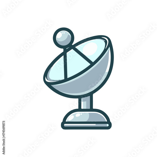 A modern satellite dish on a sturdy base, capturing signals in a clear blue sky, with distant hills