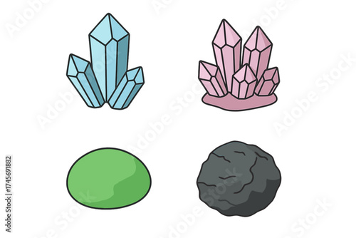 Set of precious mineral icons. Aquamarine, pink amethyst, jade, iron ore. Vector cartoon collection of colorful gemstones, crystals, and rocks for geology or jewelry design.