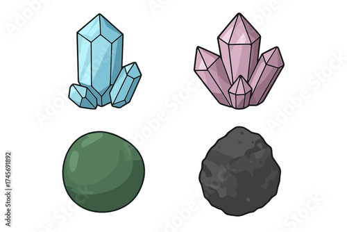 Gemstone and mineral vector icon set. Blue aquamarine, pink amethyst, precious jade, iron ore illustrations. Geology crystal collection. Precious stones for jewelry cartoon graphic.