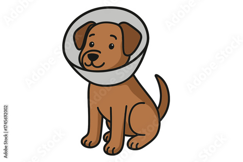 Cute cartoon dog wearing a protective cone collar. Veterinary clinic symbol for pet health and animal care. Post-surgery recovery and injury protection concept for pets.