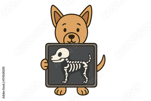 Dog holding x-ray of its skeleton vector icon. Cute cartoon character. Veterinary clinic, radiology, pet care, animal health, diagnosis, anatomy, and medical concept symbol.