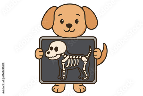 Cute cartoon dog holding an X-ray image showing dog skeleton, medical veterinary clinic symbol, isolated on white background, pet health vector illustration