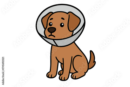Sad brown dog in a veterinary cone of shame. Sick or injured puppy after surgery. Pet health care concept. Elizabethan collar for animal recovery. Vet clinic cartoon vector.