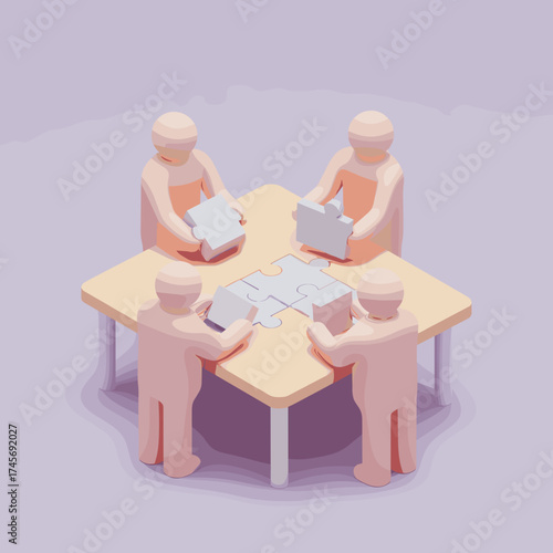 Isometric 3D scene of "teamwork", abstract human figures putting puzzle pieces together on a virtual table