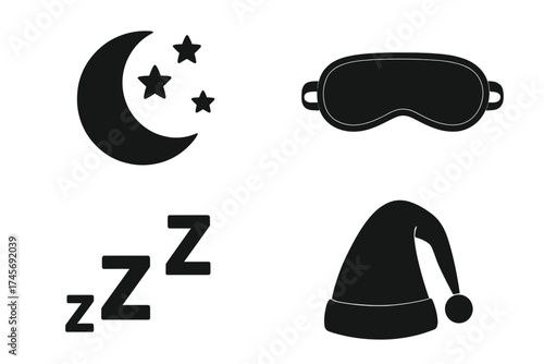 Sleep icon set vector. Night, dream, and bedtime symbols. Moon, stars, sleeping mask, and nightcap. Zzz for snoring and rest. Concept for insomnia, relaxation, good night.