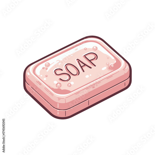 A pink soap bar resting on a clean surface, surrounded by bubbles, evoking cleanliness and hygiene