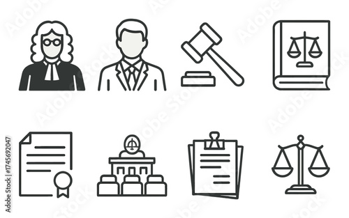 Law and justice icons including judge, lawyer, gavel, scales, book, court, and documents