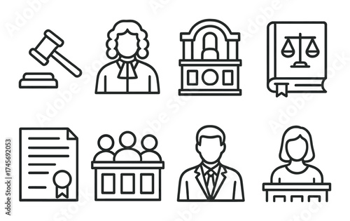 Law icons: gavel, judge, courtroom, book, document, jury, male and female figures