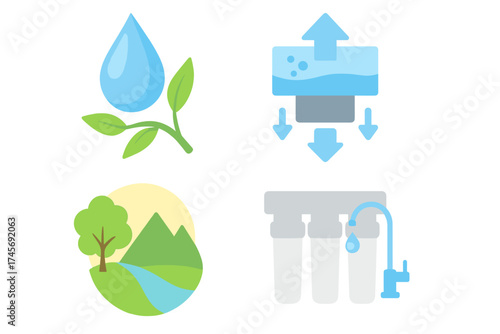 Water filtration system vector icon set. Purification technology for clean, pure liquid. Eco, bio and nature symbols. Water filter, drop, leaf and landscape icons.