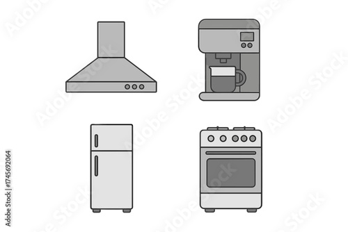 Kitchen appliances vector icon set. Flat monochrome outline graphic illustration. Includes extractor hood, coffee machine, refrigerator, and gas stove for home kitchen design.