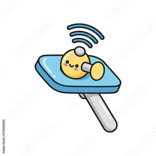 Cute cartoon doorbell with smiling face, emitting sound waves, on a blue background