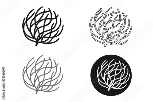 Tumbleweed icon set. Rolling desert plant vector illustration. Wild west symbol. Dry bush silhouette and line art graphic. Western, prairie, arid, nature concept design.