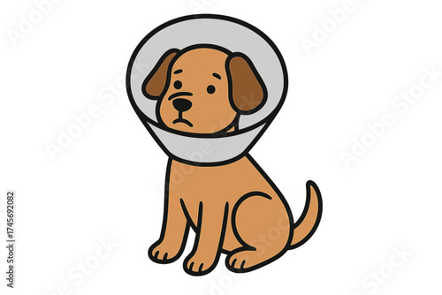 Sad cartoon dog with a veterinary cone after surgery. Sick or injured pet in an Elizabethan collar. Animal recovery concept. Vet clinic symbol for animal health care vector.