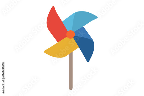 Colorful pinwheel vector. Toy windmill for children. Concept of summer, breeze, play, happiness, childhood. Simple flat graphic design icon. Isolated illustration element.