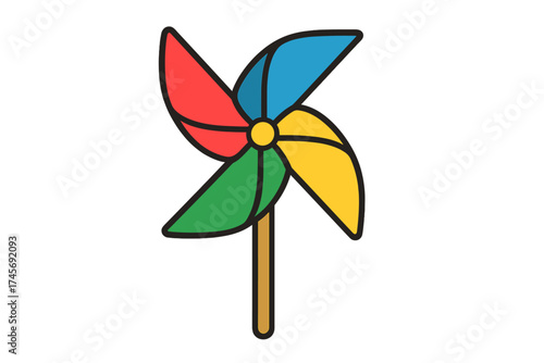Colorful pinwheel vector icon. Windmill toy for kids. Summer fun, childhood joy concept. Spinning paper whirlygig graphic. Simple flat illustration of a wind wheel.