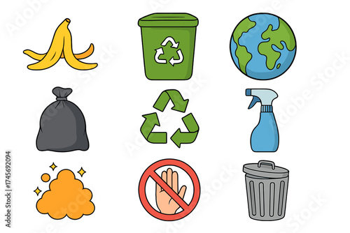 Garbage, ecology & hygiene vector icon set. Waste management, recycling, and environmental protection concepts. Planet earth care, cleaning, pollution, and rubbish disposal signs.