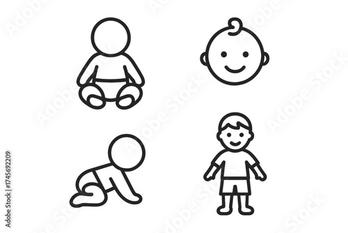Baby and child development icon set. Line art vector of infant growth stages. Includes crawling baby, sitting toddler, standing kid, and smiling face. Childhood concept symbols.