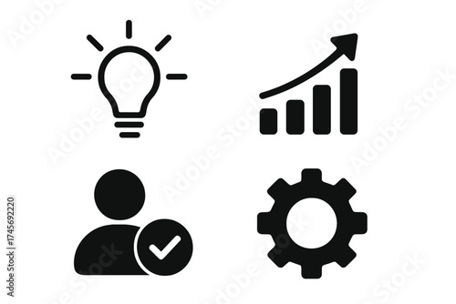 Business icon set with key performance indicators. Idea lightbulb, growth chart, verified user, and settings gear. Concept for management, innovation, and progress vector.
