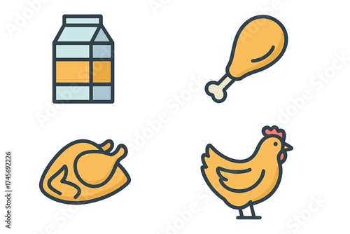 Poultry and dairy farm product icon set. Colorful vector icons of a chicken, hen, roasted bird, drumstick leg, and milk carton. Isolated for agriculture or grocery design.